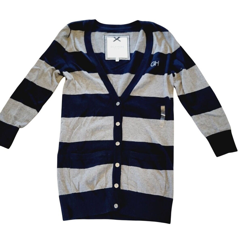 Gilly Hicks M Cardigan Sweater Blk/Gray Stripes‎ L/S Cotton Blend NWOT